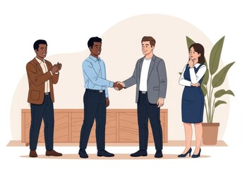 Obraz premium Business people shaking hands, office teamwork, professional collaboration, flat illustration