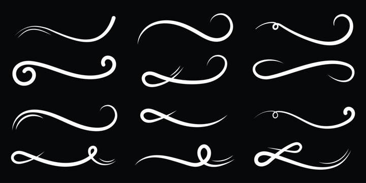 Swoosh and swash typography tails shape. Baseball swoosh text tails in retro style. Sporty underline swash strokes for vintage typography and font design. swooshes text tails for baseball design. 