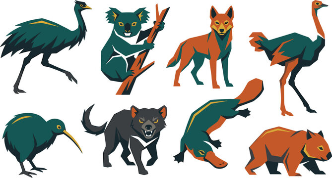 Geometric Australian and Oceania Wildlife Vector Icon Set on White Background Featuring Koala, Tasmanian Devil, Platypus, Wombat, Dingo, Emu, Ostrich, and Kiwi Bird
