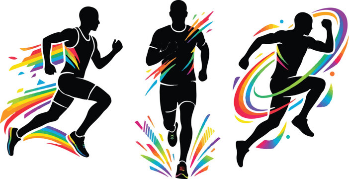 Three dynamic silhouettes of male runners with vibrant rainbow color trails, symbolizing speed and energy.