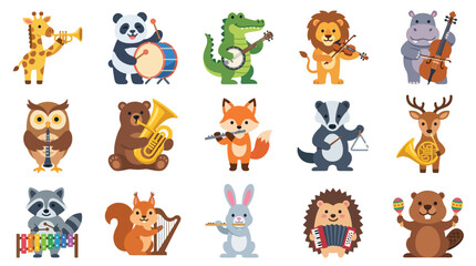 Fototapeta premium Creative Colorful Cartoon Animals Playing a Variety of Musical Instruments Playful Orchestra Set