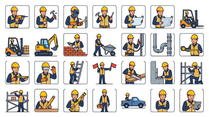 Fototapeta premium Corporate Set of Diverse Construction Workers in Safety Gear Performing Various Building Tasks with high quality professional line art symbols for modern creative design and digital branding projects