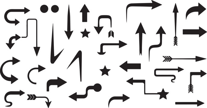 Collection of diverse black arrows isolated on transparent background for design and web.