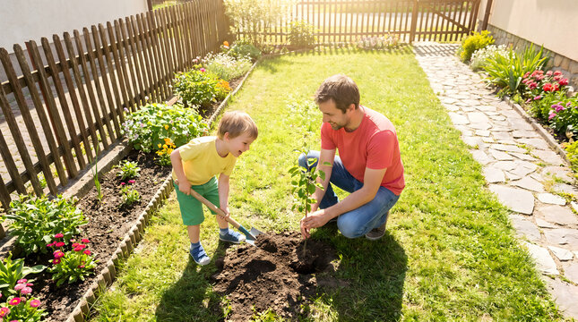 Father and son planting a sapling together in a sunny garden courtyard