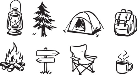 Outdoor camping adventure element set with tent pine tree and chair vector illustration eps 10  © MD GAHANGIR