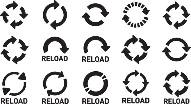 Reload icons with arrows circular motion for refresh and repeat actions on transparent background.