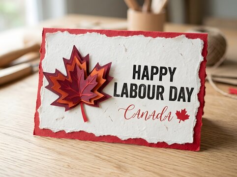 Happy Labour Day card with a red maple leaf and handwritten text on textured paper
