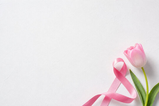 Pink October: Pink ribbon and tulip on textured white background with copy space, hope and prevention concept.