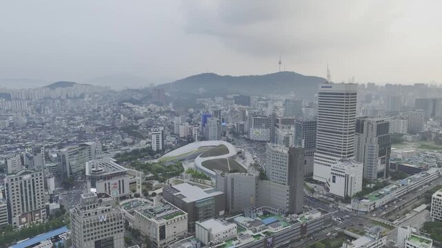 Aerial Drone View of DDP Dongdaemun Design Plaza Architecture and Cityscape in Seoul, South Korea