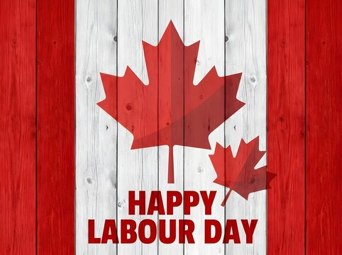 Happy Labour Day greeting with a Canadian maple leaf on a red and white wood background