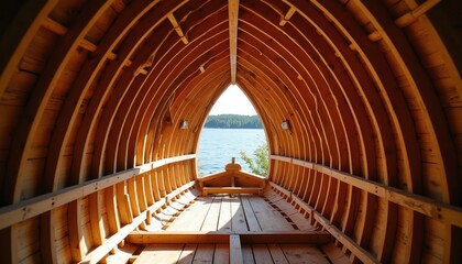 Obraz premium Inside view of wooden boat construction with curved ribs arching overhead. Sunlight streams through hull framing creating shadows. View opens to calm blue water and distant tree line.