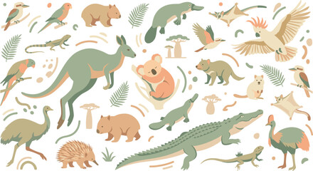 Boho Australian Wildlife Vector Element Set Featuring Kangaroo, Koala, Wombat, Platypus, Emu, and Crocodile in Pastel Colors for Nursery and Graphic Designs © Fahim