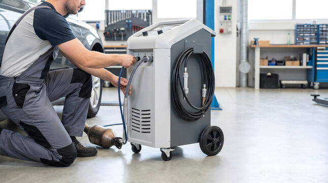 Auto mechanic operating automotive air conditioning refrigerant recovery machine in workshop