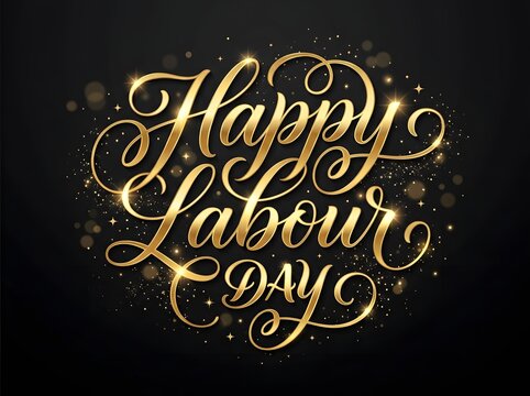 Golden calligraphy lettering happy labour day celebration with sparkling dust on black background