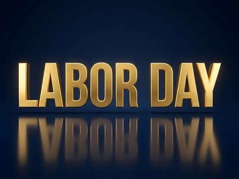 Golden Labor Day typography with reflection on a dark blue gradient background