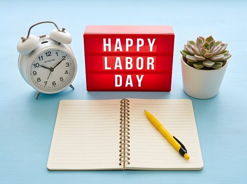 Labor Day celebration with alarm clock message cube succulent and office supplies on light blue