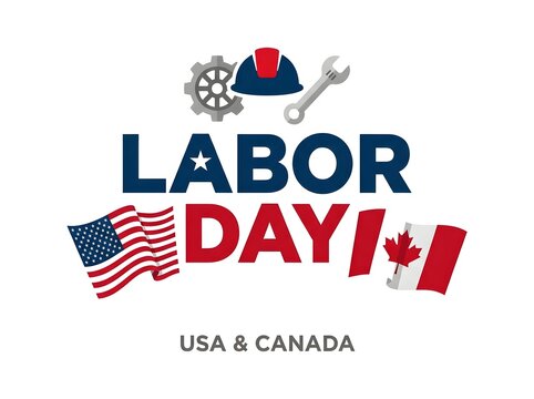 Labor Day celebration with tools helmet flags and text USA and Canada patriotic design