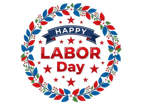 Happy Labor Day wreath with stars and flowers vector illustration on white background