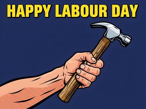 Happy Labour Day illustration with a hand holding a hammer and festive text