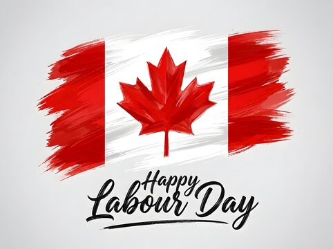 Canadian flag with a maple leaf and happy labour day calligraphy on a white background