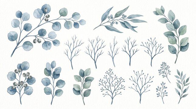 A collection of watercolor painted leaves and branches in various shades of green and blue on a white background