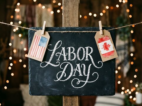 Labor Day celebration with chalkboard sign and flags hanging on string lights