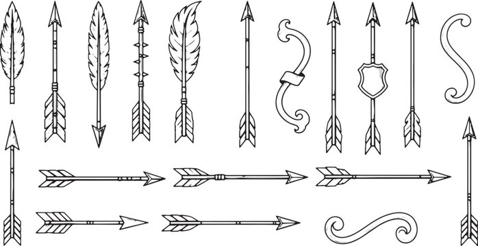 Collection of vintage tribal arrows feathers ornate elements and decorative swirls on transparent background.