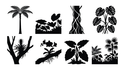 Tropical Jungle Plant Silhouette Set, Root Vine Botanical Icons Isolated on White Background © selena