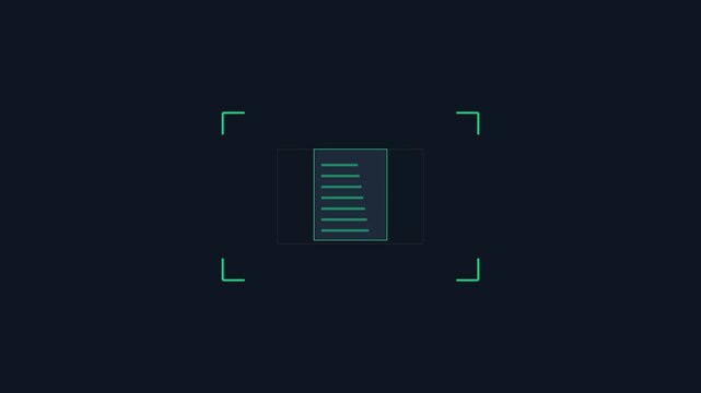 Digital document scanning interface with hud targeting frame and data processing animation 4k