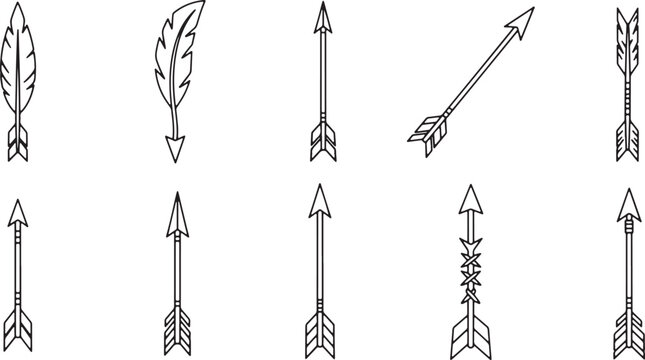 Hand drawn artistic arrows and feathers in vintage tribal style on transparent background.