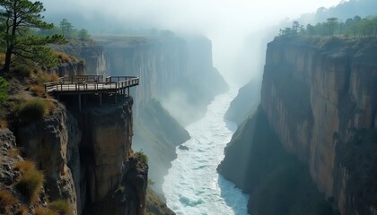 Fototapeta premium Wooden viewing platform overlooks deep canyon with fast flowing river below. Fog or mist hangs in the air creating a moody, dramatic atmosphere. Tall cliffs rise on either side of the water channel.