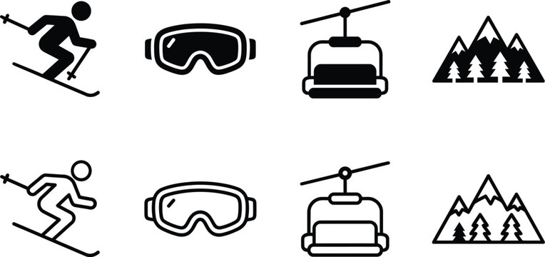 monochrome skiing icon set featuring snowboarder, goggles, ski lift, and mountain trees
