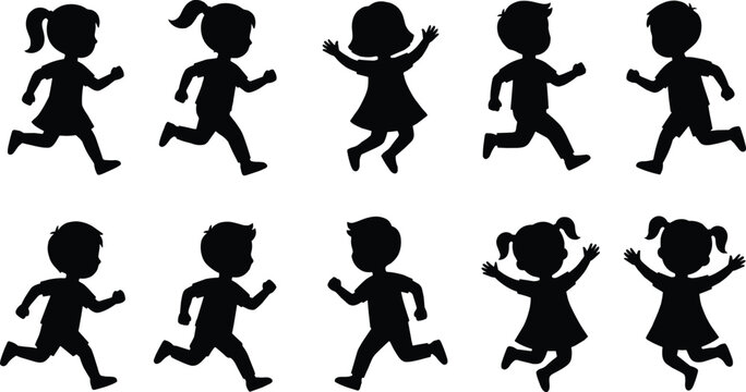 Running and jumping children silhouettes set of active boys and girls playing together