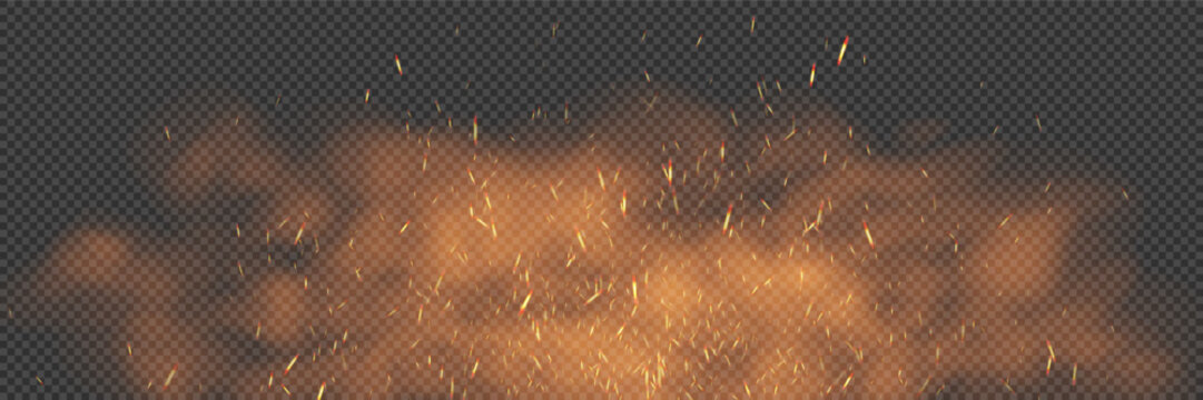 A bg with transparent smoke illuminated by fire and flying or falling sparks. Abstract overlay background with floating fire and smoke particles. Vector illustration.