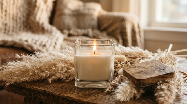 Lit candle in square glass container with pampas grass on wooden table