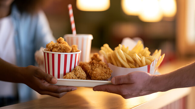 Close up view of hands exchanging a tray of fresh fried chicken pieces, crispy french fries, and a beverage at a restaurant counter