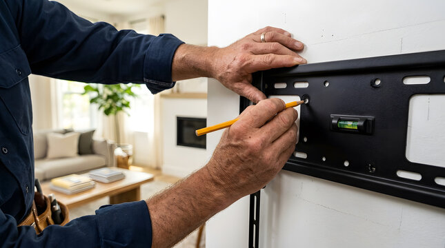 Professional handyman installing a television wall mount bracket | Marking drill holes with a pencil for home theater setup | Concept of home improvement DIY | Technician using spirit level