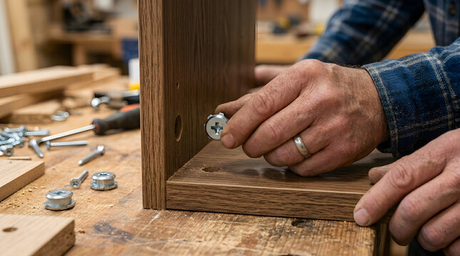 Furniture Assembly Process with Woodworking Craftsman | DIY Home Improvement Project and Carpentry | Installing Cam Lock Hardware on Wooden Cabinet | Manual Labor and Professional Joinery Skill