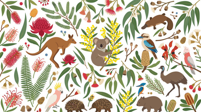 Seamless Pattern with Australian Wildlife and Native Flora Elements Featuring Kangaroo, Koala, Kookaburra, Platypus, Wattle, and Eucalyptus for Textile and Wallpaper Designs