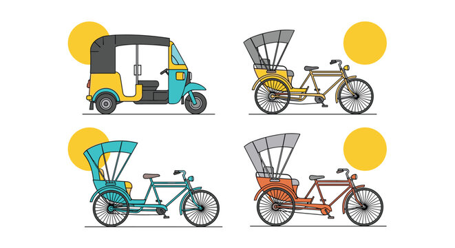 Vector illustrations of traditional asian cycle rickshaws and auto rickshaw tuk-tuk on a clean white background.