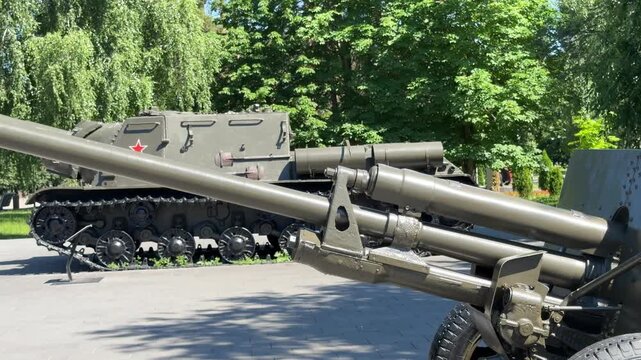 Military Heritage Display: A powerful artillery piece and a tracked military vehicle are displayed outdoors, showcasing historical military hardware amidst a backdrop of green foliage.