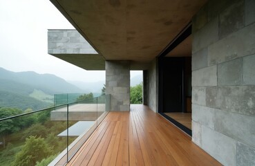 Fototapeta premium Modern balcony with stone walls, wooden floor offers panoramic mountain views. Glass railing provides unobstructed scenery. Minimalist architecture integrates with nature, creating serene outdoor