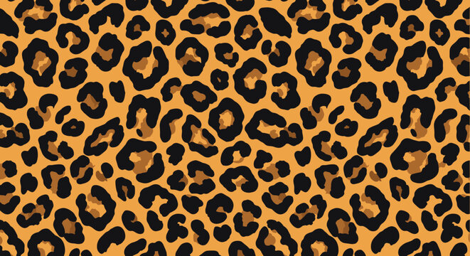 Seamless leopard print background texture featuring realistic black and brown wild cheetah spots on an orange canvas.
