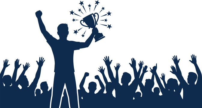 Champion celebrated by cheering crowd with trophy
