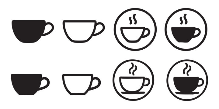 Minimal coffee cup icons with and without steam depicted in solid and linear styles on circle base.