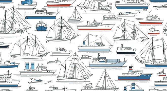 Seamless pattern featuring a wide variety of detailed sailing ships, cargo boats, yachts, and vintage ocean liners.