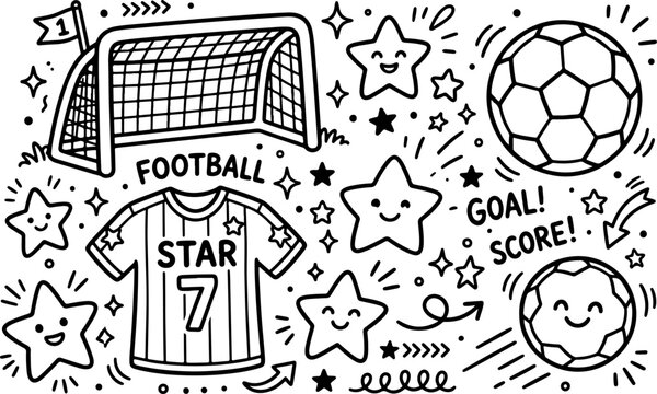 Illustration de football dessin&eacute;e &agrave; la main, style dessin au trait, &agrave; colorier pour enfants