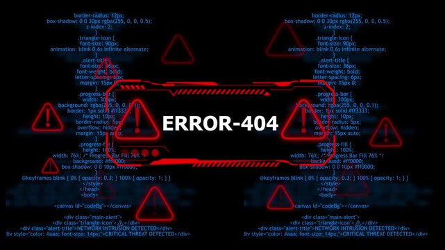 error-404 network alert warning. urgent threat notification concept with glowing red hazard Cybersecurity defense and secure digital systems protection against cyberattacks. 4k video 