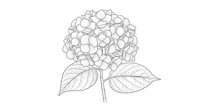 Hand-drawn hydrangea flower branch with detailed petals and two large textured leaves shown in a clean line art style.