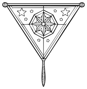 Pennant with Octagonal Star Burst Design Hanging from a Rod, Decorative Line Art, Black and White Illustration